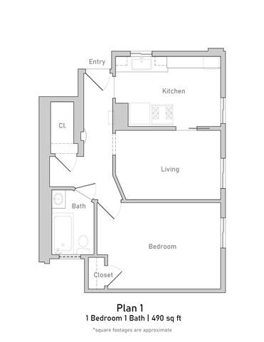Floor plan for 1 bed, 1 bath, 490 sqft