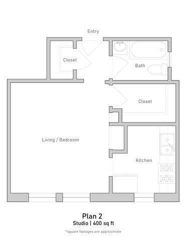 Floor plan for studio, 1 bath, 400 sqft