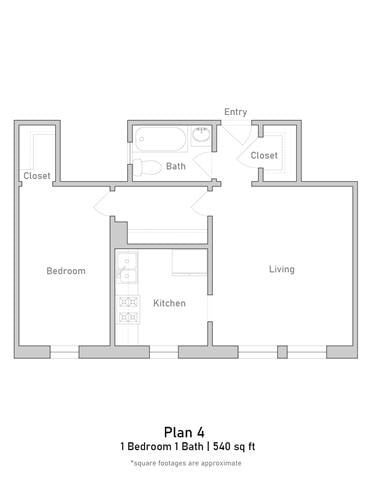 Floor plan for 1 bed, 1 bath, 400 sqft