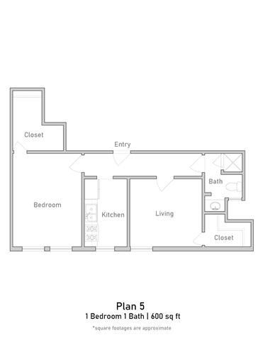 Floor plan for 1 bed, 1 bath, 606 sqft