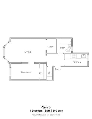 Floor plan for 1 bed, 1 bath, 591 sqft