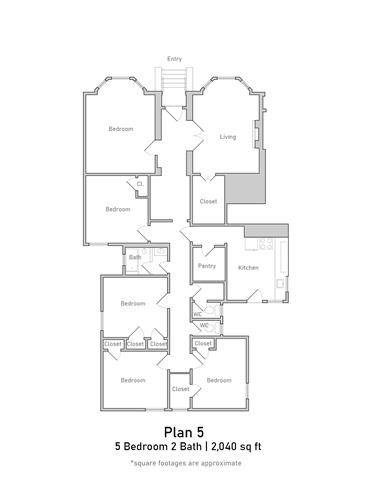 Floor plan for 5 beds, 2 baths, 2041 sqft