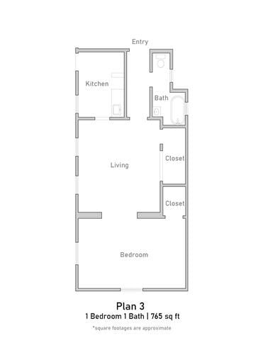 Floor plan for 1 bed, 1 bath, 767 sqft