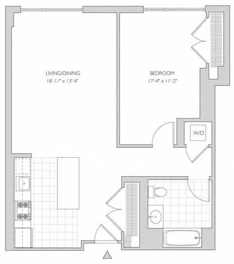 Floor plan for 1 bed, 1 bath, 843 sqft