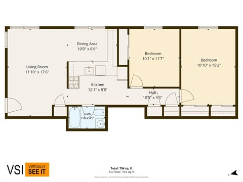 Floor plan for 2 beds, 1 bath, 950 sqft