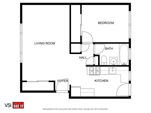 Floor plan for 1 bed, 1 bath, 675 sqft