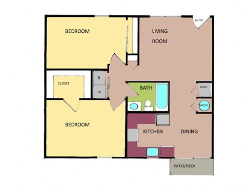 Floor plan for 2 beds, 1 bath, 840 sqft