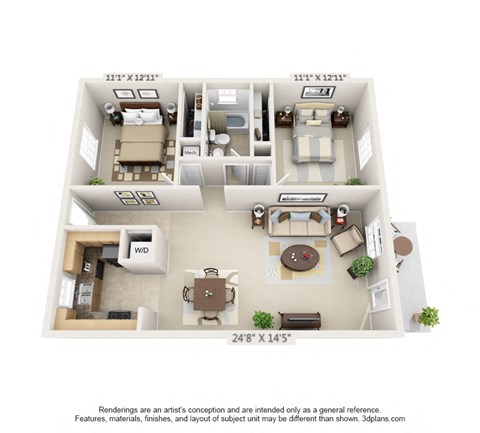 Floor plan for 2 beds, 1 bath, 913 sqft