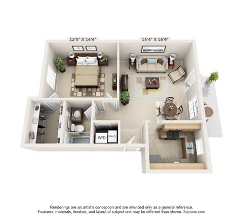 Floor plan for 1 bed, 1 bath, 690 sqft