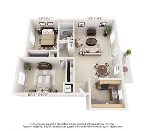 Floor plan for 2 beds, 1 bath, 863 sqft