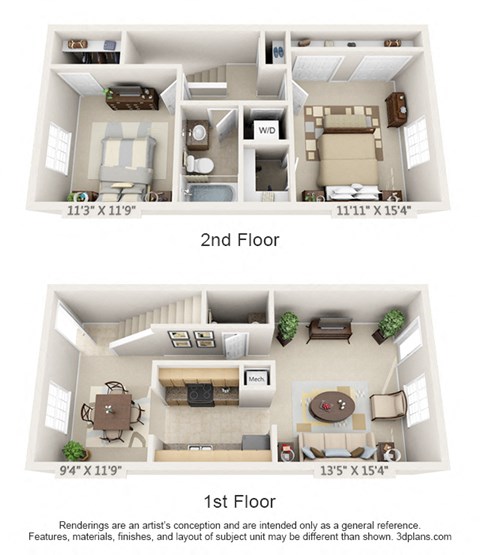 Floor plan for 2 beds, 1.5 baths, 1002 sqft