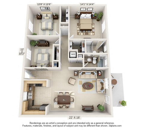 Floor plan for 3 beds, 2 baths, 1268 sqft