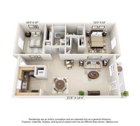 Floor plan for 2 beds, 2 baths, 1022 sqft