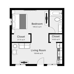 Great Falls apartment for rent - a floor plan of a small room with a bedroom and a living room