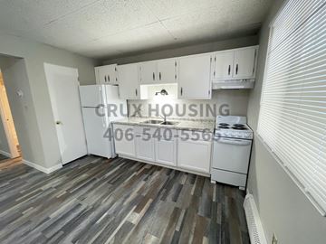 Great Falls apartment for rent - a kitchen with white cabinets and white appliances and a wood floor