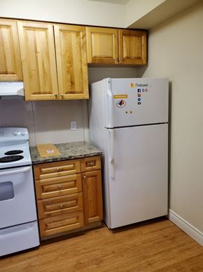 Waterloo apartment for rent - a kitchen with a refrigerator and stove and wooden cabinets
