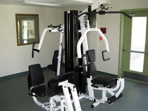 Riverside apartment for rent - A gym with a weight machine and a chair.