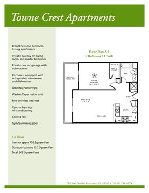 Riverside apartment for rent - A page from a brochure for Towne Crest Apartments, showing a floor plan and a list of amenities.