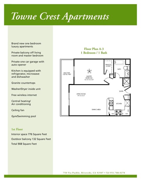 Floor plan for 2 beds, 2 baths, 1086 sqft