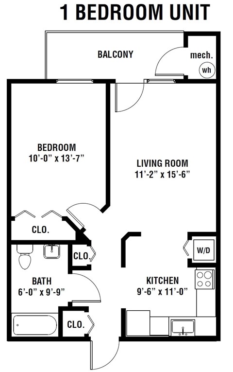 Floor plan for 1 bed, 1 bath, 600 sqft