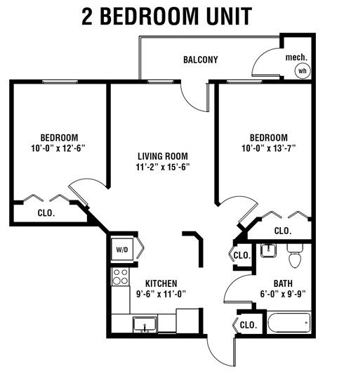 Floor plan for 2 beds, 1 bath, 700 sqft