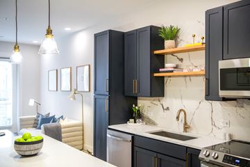 Charlotte apartment for rent - a kitchen with black cabinets and a white counter top and a sink