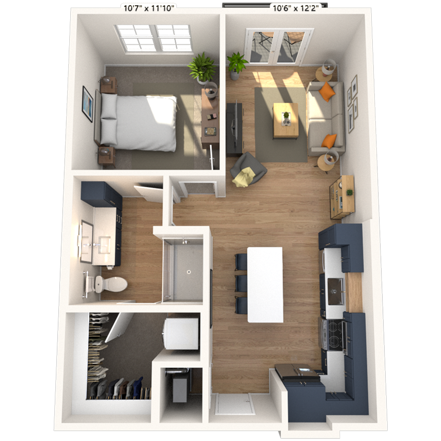 Floor plan for 1 bed, 1 bath, 662 sqft