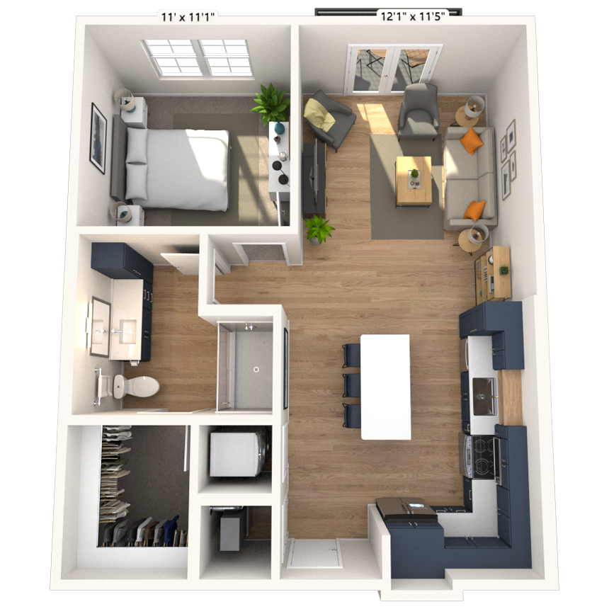 Floor plan for 1 bed, 1 bath, 698 sqft