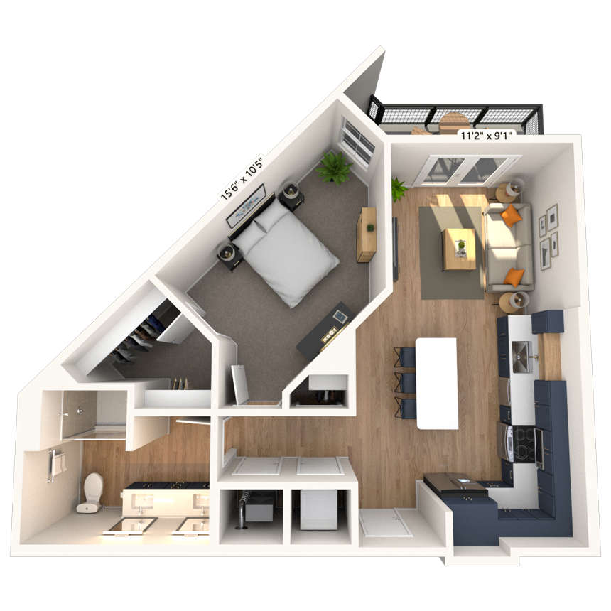 Floor plan for 1 bed, 1 bath, 700 sqft
