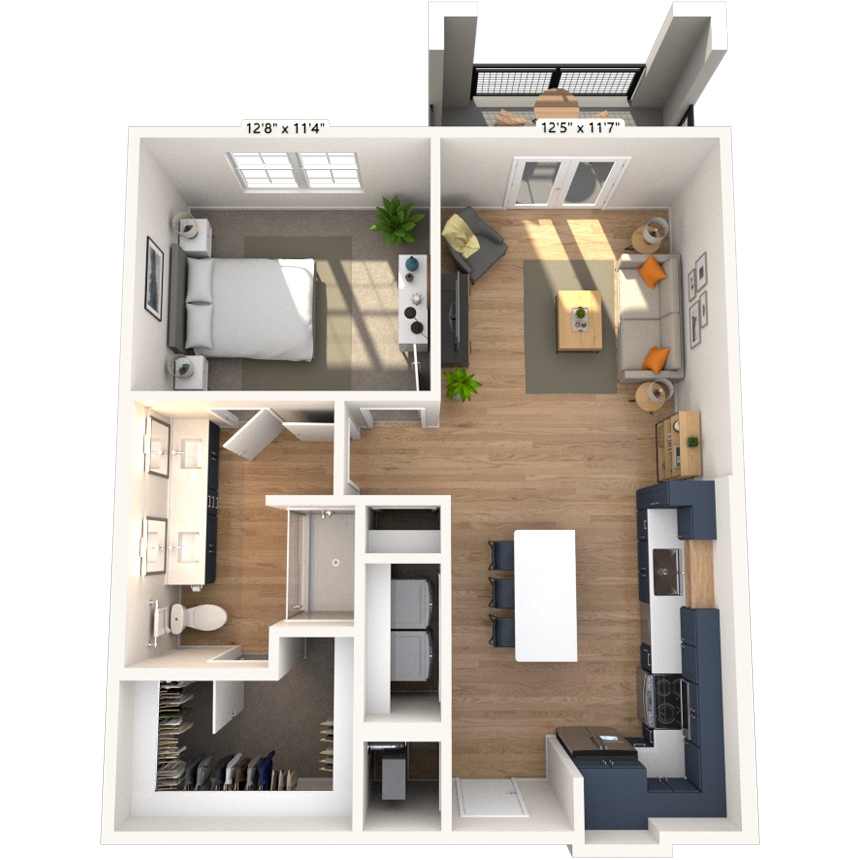 Floor plan for 1 bed, 1 bath, 782 sqft