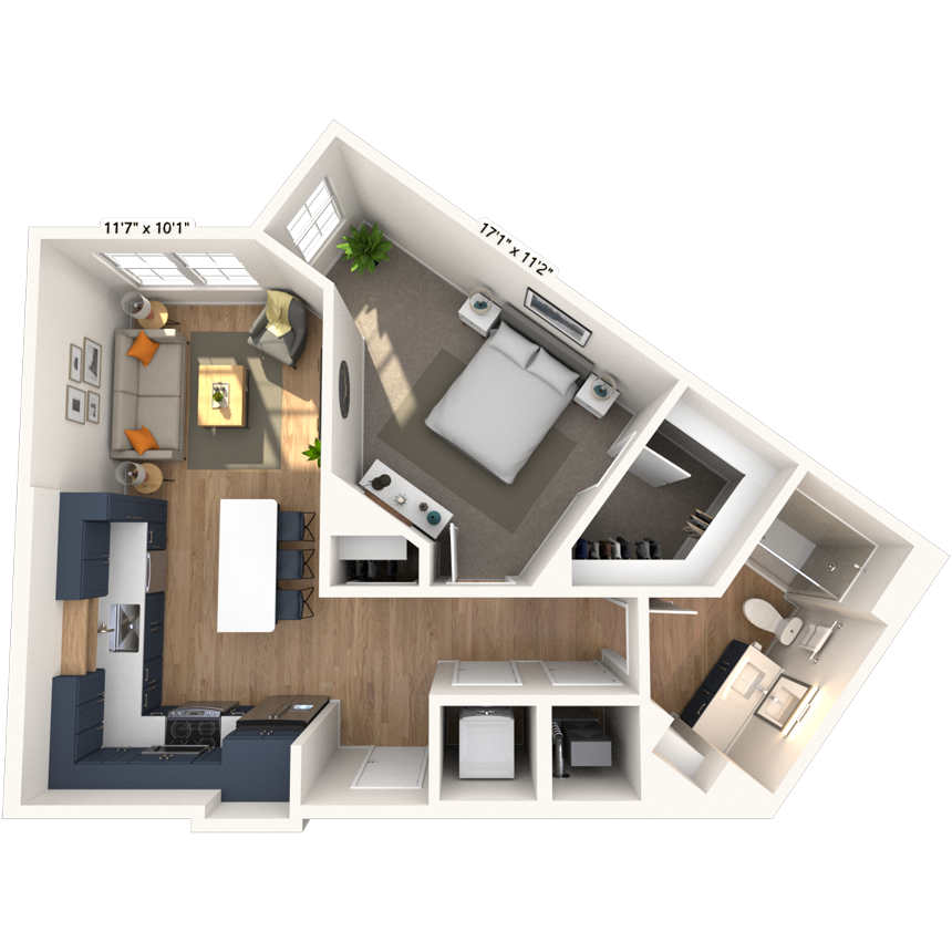 Floor plan for 1 bed, 1 bath, 699 sqft