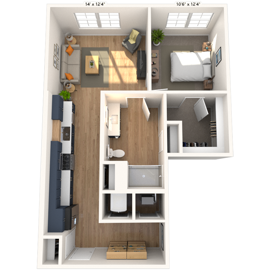 Floor plan for 1 bed, 1 bath, 790 sqft