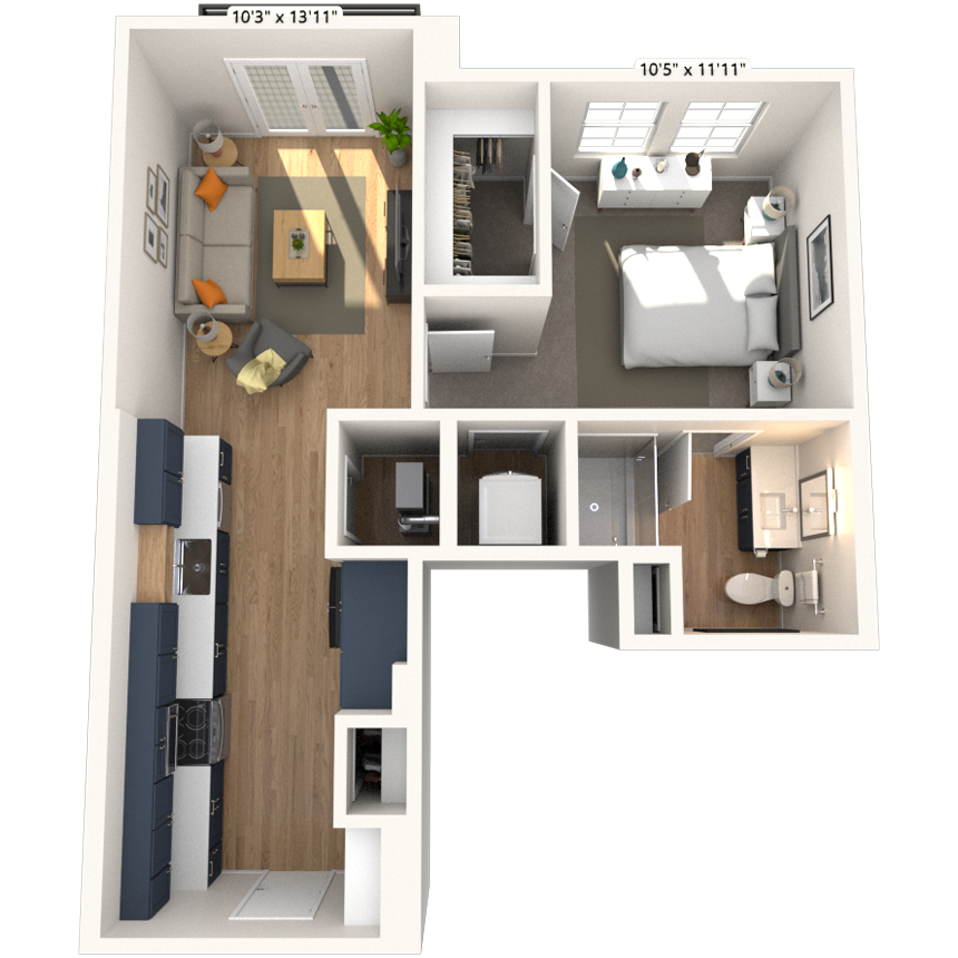 Floor plan for 1 bed, 1 bath, 647 sqft