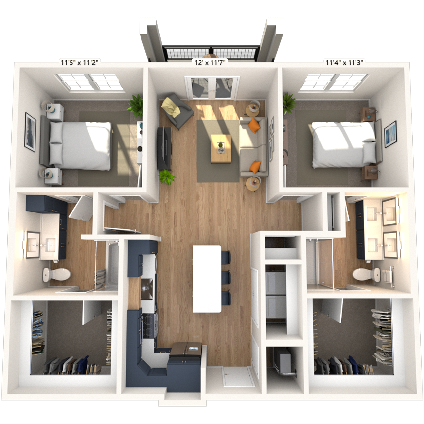 Floor plan for 2 beds, 2 baths, 1082 sqft