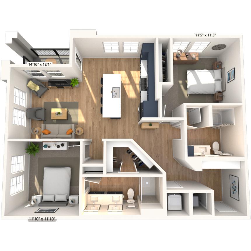 Floor plan for 2 beds, 2 baths, 1124 sqft