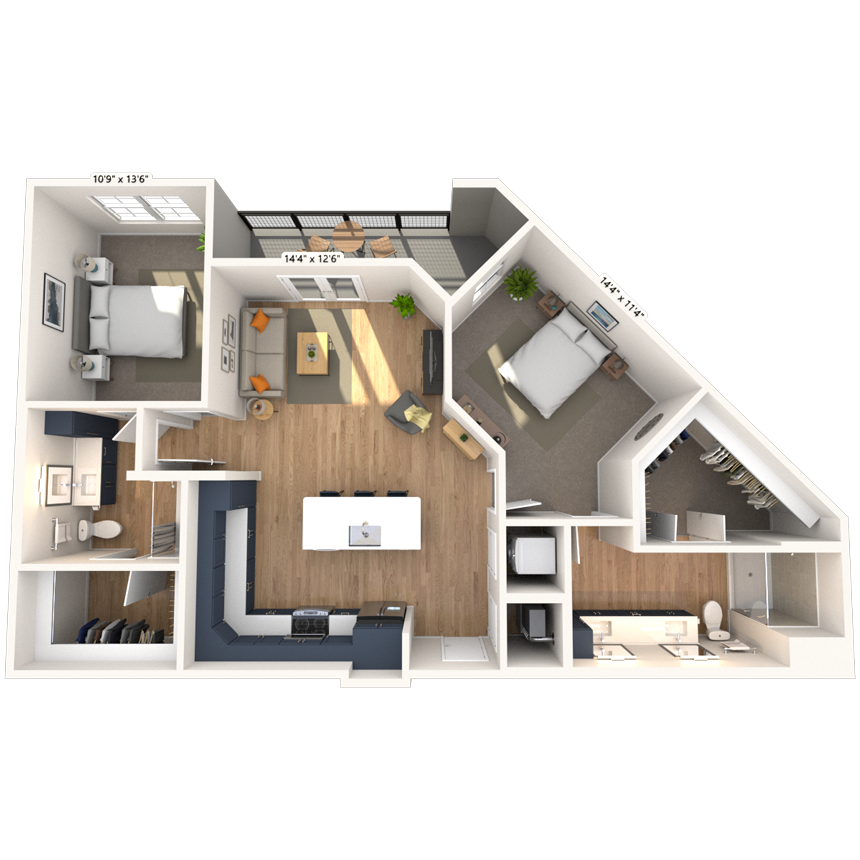 Floor plan for 2 beds, 2 baths, 1177 sqft