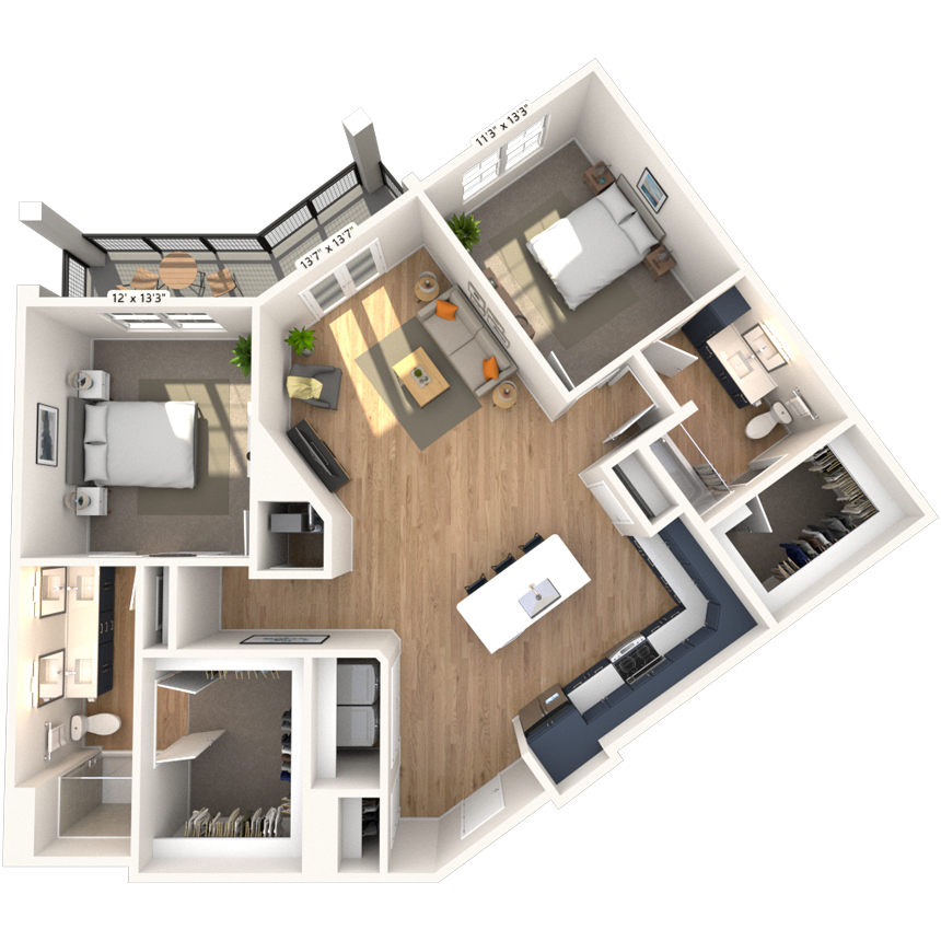 Floor plan for 2 beds, 2 baths, 1319 sqft