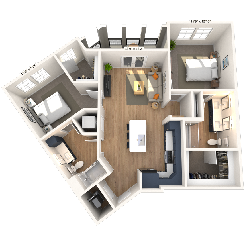 Floor plan for 2 beds, 2 baths, 1059 sqft