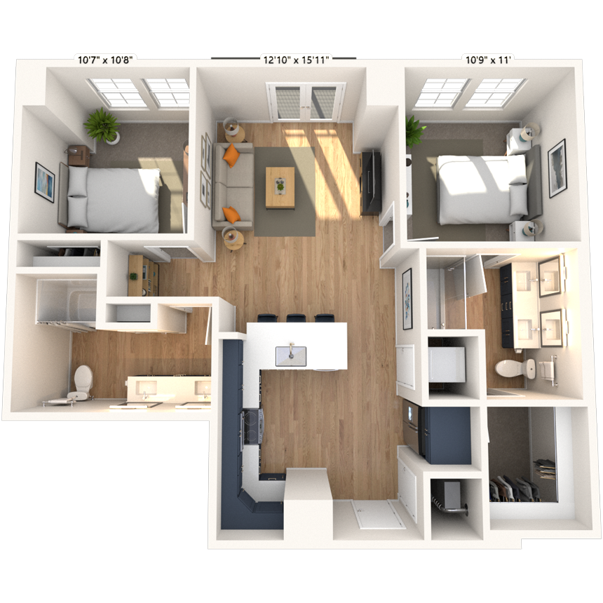 Floor plan for 2 beds, 2 baths, 970 sqft