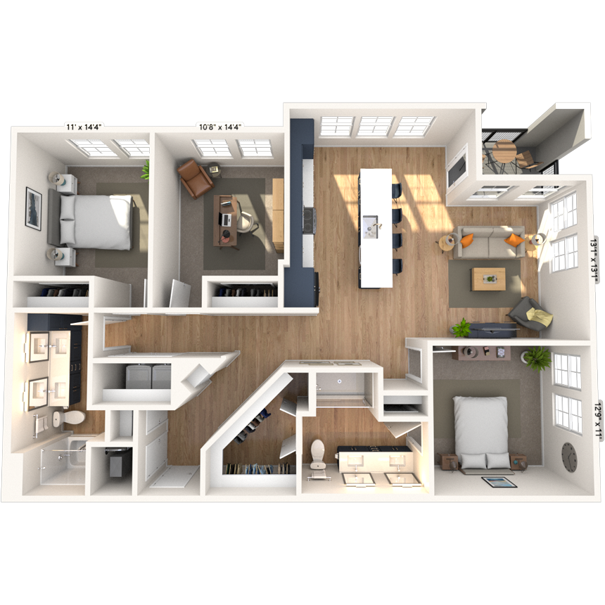 Floor plan for 3 beds, 2 baths, 1417 sqft