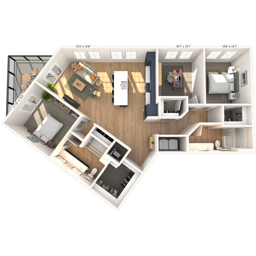 Floor plan for 3 beds, 2 baths, 1451 sqft