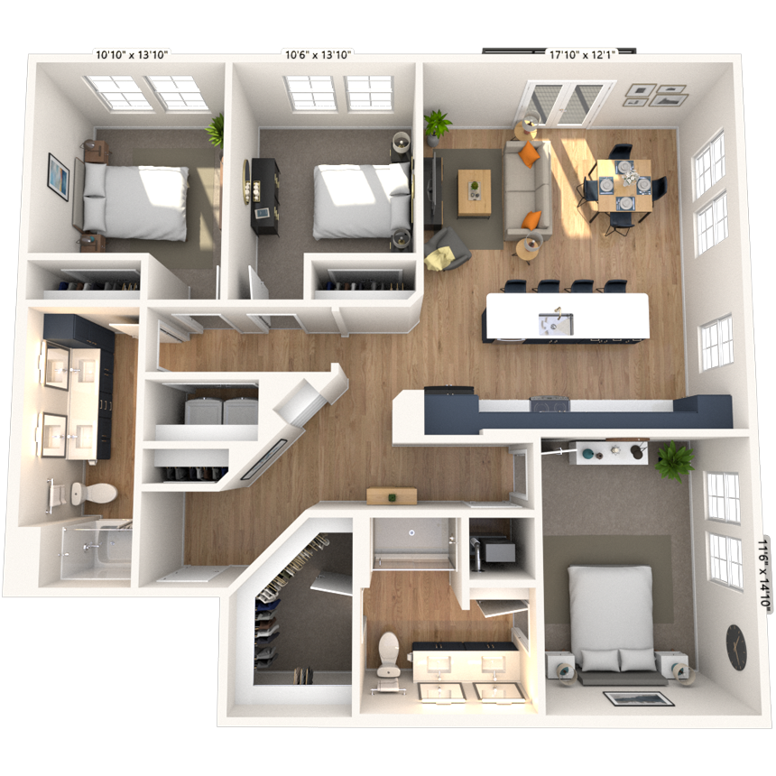 Floor plan for 3 beds, 2 baths, 1433 sqft