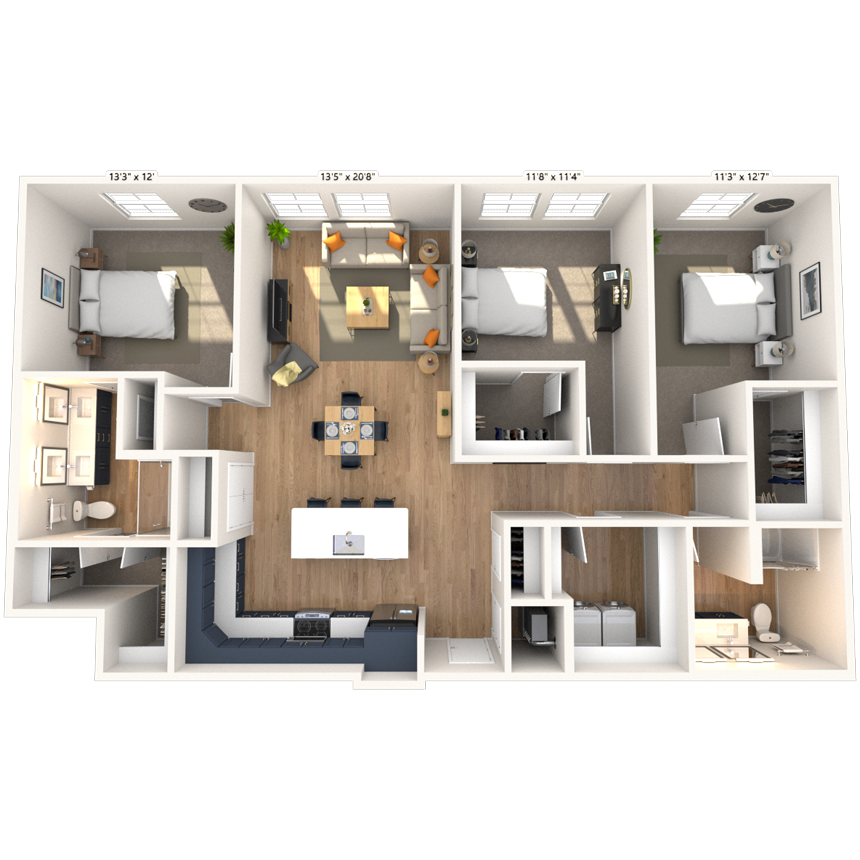 Floor plan for 3 beds, 2 baths, 1567 sqft