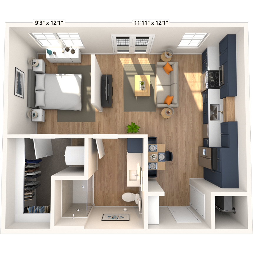 Floor plan for studio, 1 bath, 621 sqft