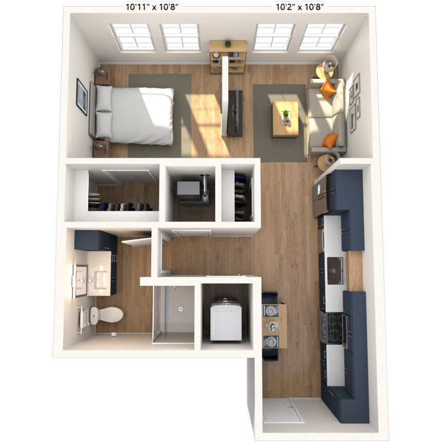 Floor plan for studio, 1 bath, 588 sqft