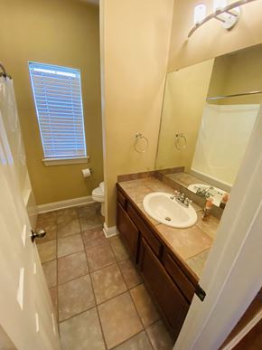 Youngsville house for rent - a bathroom with a sink and a shower and a mirror