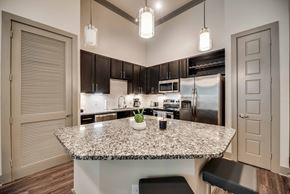 Frisco house for rent - a kitchen with a granite counter top and a stainless steel refrigerator