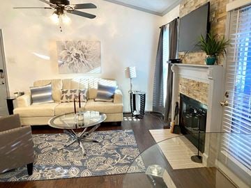 Irving house for rent - a living room with a couch and a fireplace