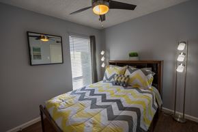 Irving house for rent - a bedroom with a yellow and gray bed and a ceiling fan