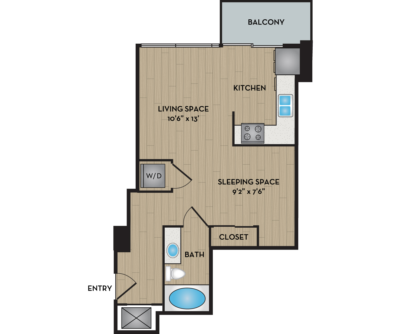 Floor plan for studio, 1 bath, 544 sqft